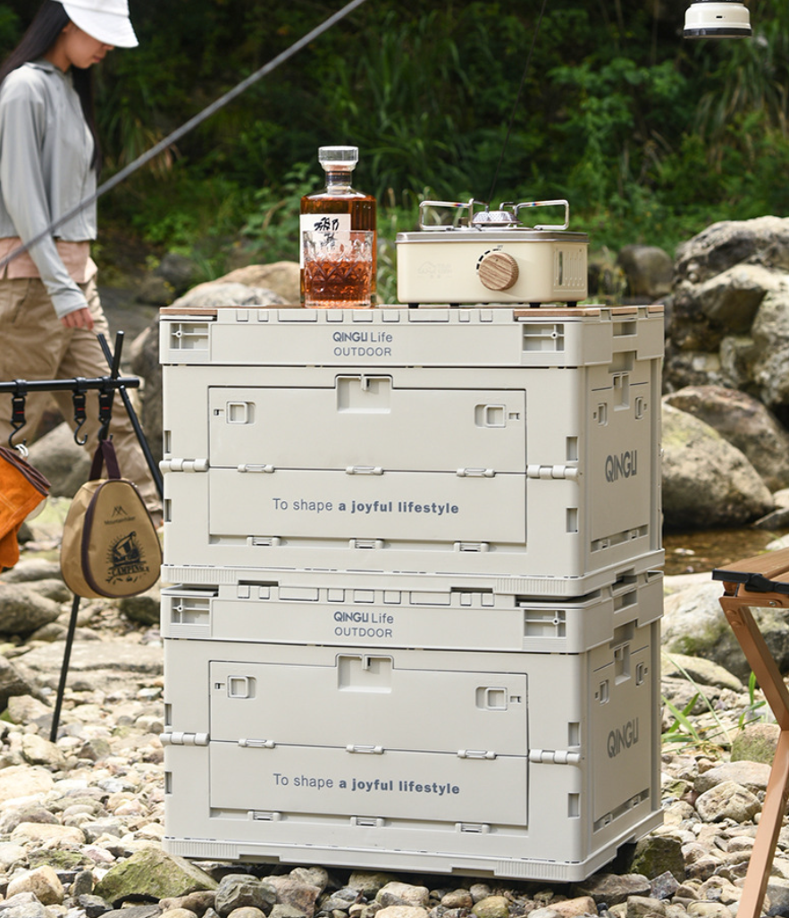 Two Setstead 65L Multifunction Storage Boxes stacked into a prep station with a stove and drink on top