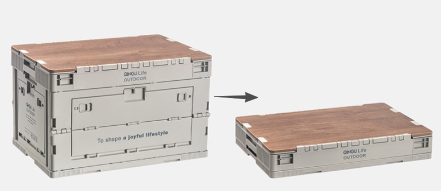 Setstead 65L Multifunction Storage Box shown open from the front and folded into a flat profile