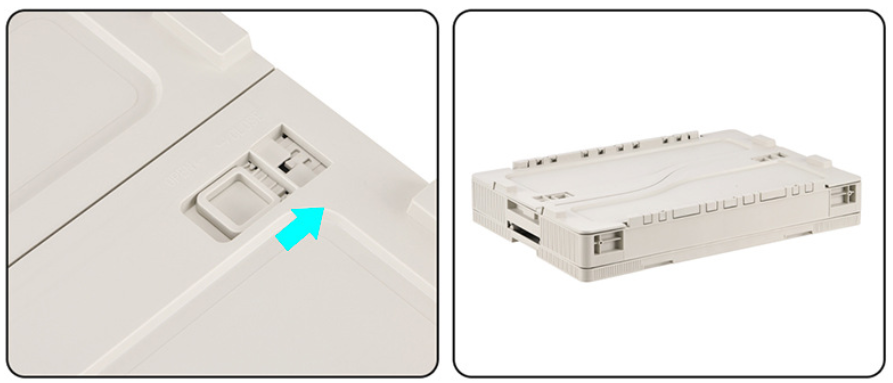 Close-up of the folding latch on the Setstead 65L Multifunction Storage Box next to the folded profile