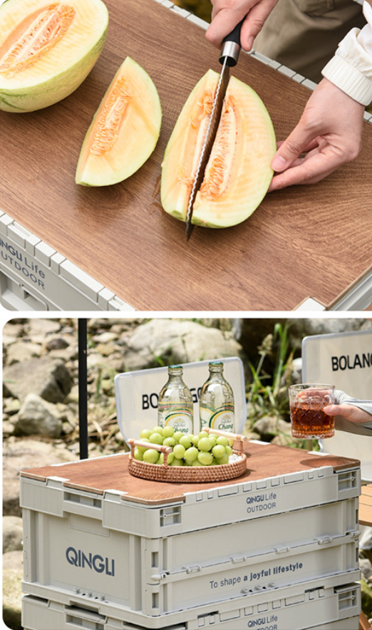 Wood top surface of the Setstead 65L Multifunction Storage Box used for food prep and serving at camp