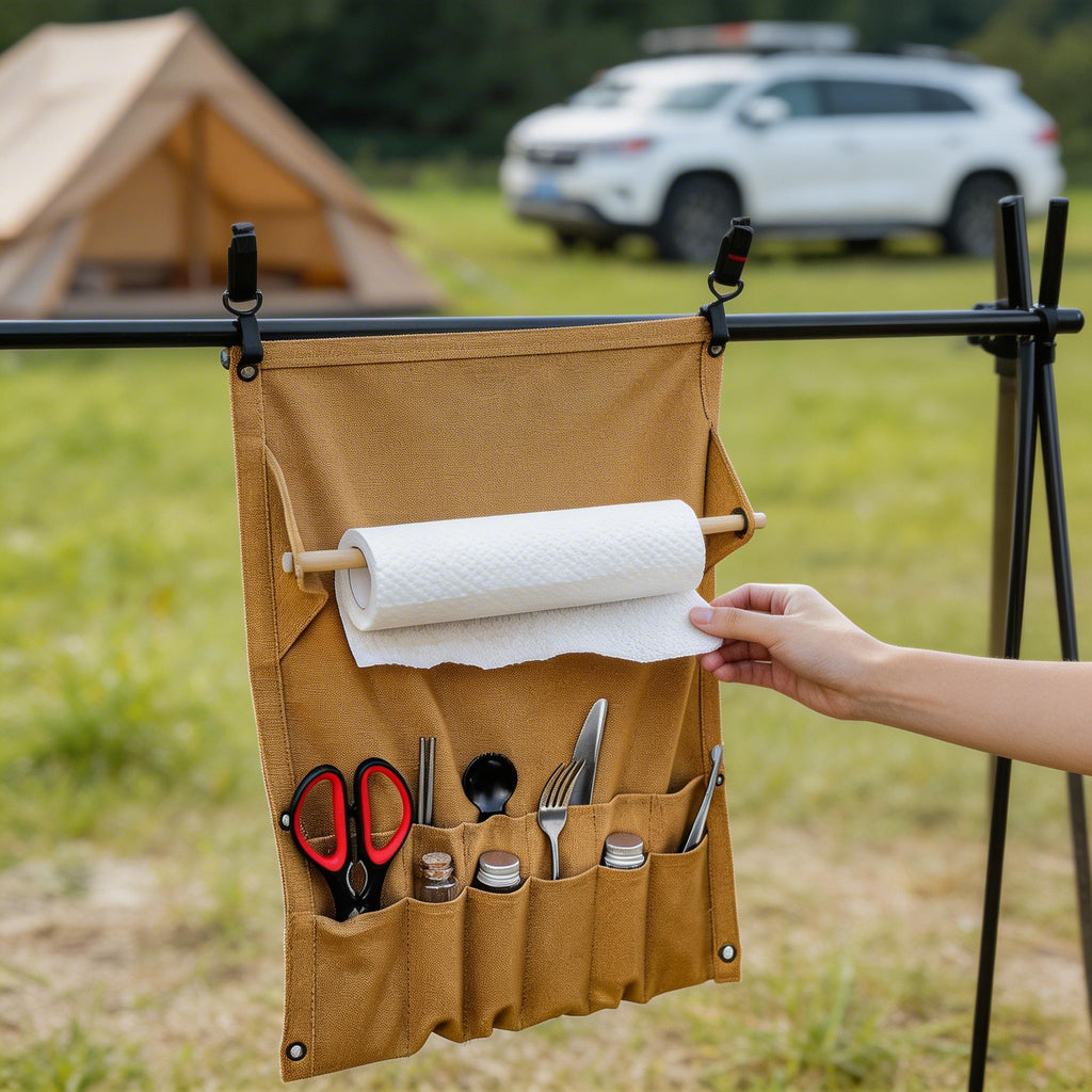 Hand pulling a paper towel from the Setstead Hanging Camp Organizer on a camp rack beside a tent