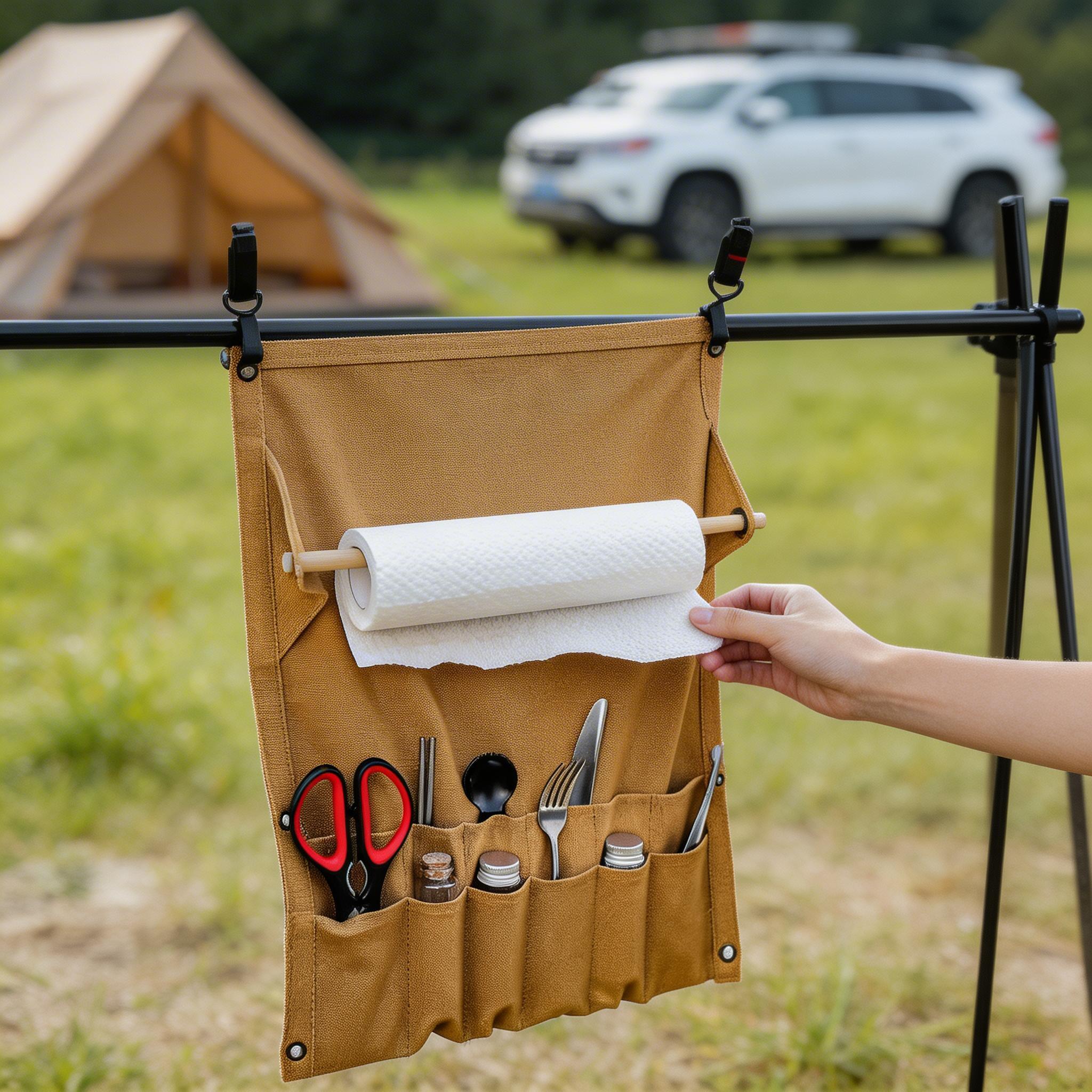 Hand pulling a paper towel from the Setstead Hanging Camp Organizer on a camp rack beside a tent