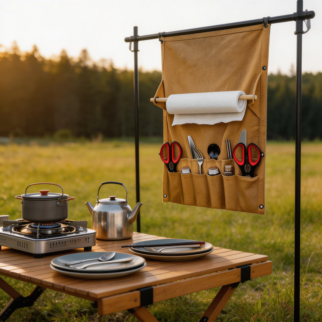 Setstead Hanging Camp Organizer hanging from a camp rack above a cook table at sunset