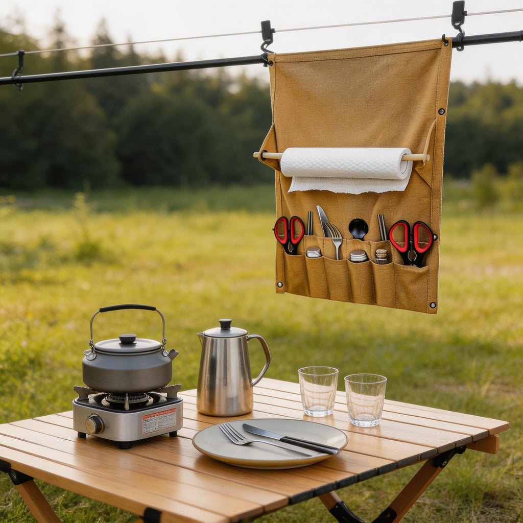 Setstead Hanging Camp Organizer hanging above a camp table with a kettle and portable stove
