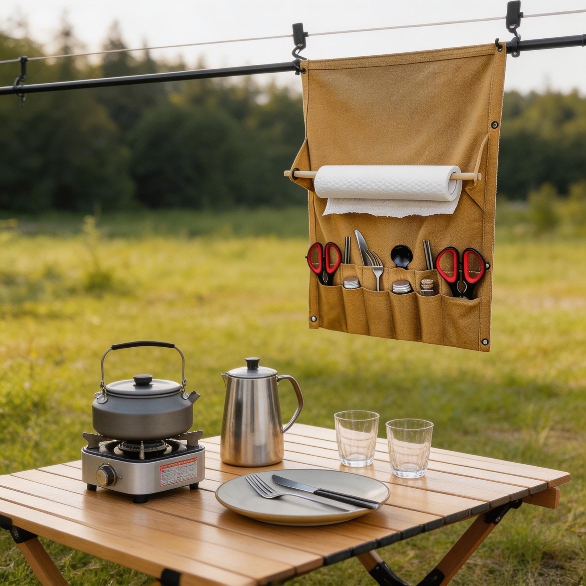 Setstead Hanging Camp Organizer hanging above a camp table with a kettle and portable stove