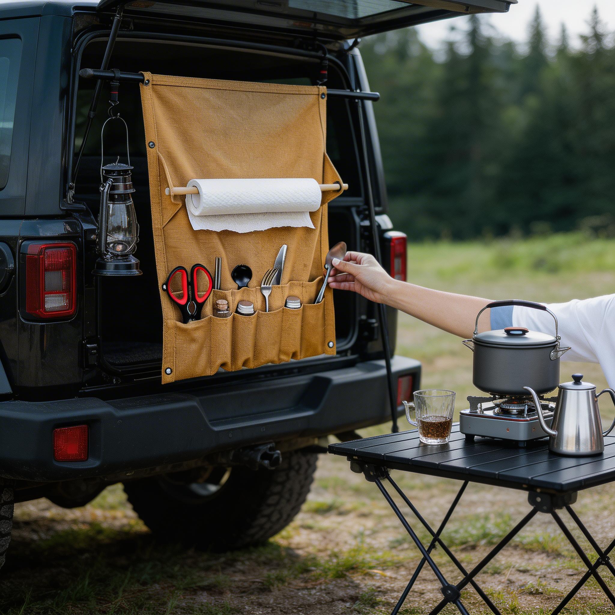 Setstead Hanging Camp Organizer hanging from an SUV tailgate with paper towels, utensils, and a camp stove nearby